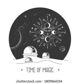 Modern magic witchcraft card with astrology observatory and Astrology wheel with zodiac signs