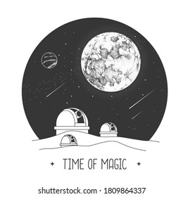 Modern magic witchcraft card with astrology observatory and full moon in the night sky