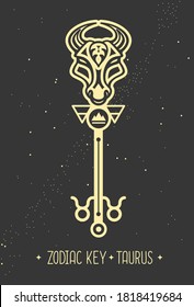 Modern magic witchcraft card with astrology Taurus zodiac sign. Magic key silhouette