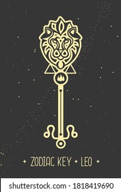 Modern magic witchcraft card with astrology Leo zodiac sign. Magic key silhouette