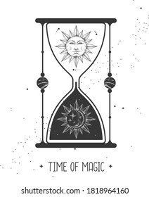 Modern magic witchcraft card with astrology hourglass with sun and moon inside. Day and nignt. Realistic hand drawing illustration of sun and moon with human face