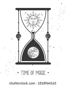 Modern magic witchcraft card with astrology hourglass with sun and moon inside. Day and nignt. Realistic hand drawing illustration of sun with human face