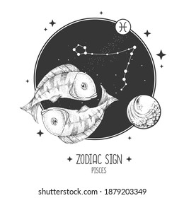 Modern magic witchcraft card with astrology Pisces zodiac sign. Realistic hand drawing koi fish illustration. Zodiac characteristic