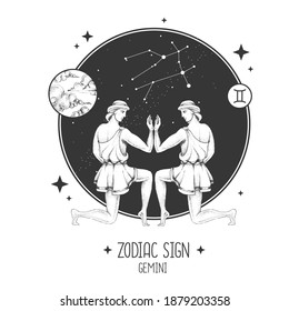 Modern magic witchcraft card with astrology Gemini zodiac sign. Realistic hand drawing men figure illustration. Zodiac characteristic