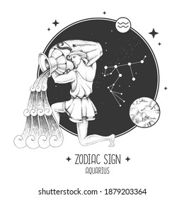 Modern magic witchcraft card with astrology Aquarius zodiac sign. Realistic hand drawing water jug illustration. Zodiac characteristic