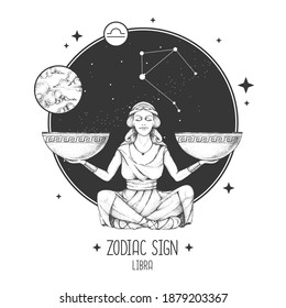 Modern magic witchcraft card with astrology Libra zodiac sign. Realistic hand drawing woman with scales. Zodiac characteristic