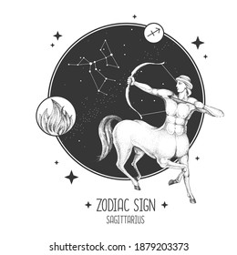 Modern magic witchcraft card with astrology Sagittarius zodiac sign. Realistic hand drawing centaur with Bow and arrow. Zodiac characteristic