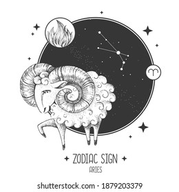 Tarjeta de brujería mágica moderna con signo Aries zodiac astrología. Borrador o burlón de mano realista. Característica del zodiaco