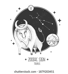 Tarjeta de brujería mágica moderna con signo de astrología Taurus zodiac. Una mano realista que dibuja la cabeza del toro. Característica del zodiaco