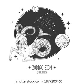 Modern magic witchcraft card with astrology Capricorn zodiac sign. Realistic hand drawing ram or mouflon head. Zodiac characteristic