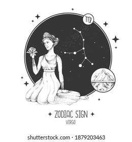 Modern magic witchcraft card with astrology Virgo zodiac sign. Realistic hand drawing woman head. Zodiac characteristic