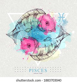 Modern magic witchcraft card with astrology Pisces zodiac sign on artistic watercolor background. Realistic hand drawing koi fish illustration.