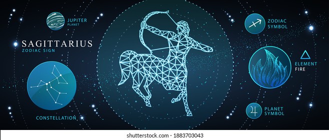 Modern magic witchcraft card with astrology Sagittarius zodiac sign. Polygonal centaur with Bow and arrow. Zodiac characteristic