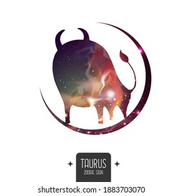 Modern magic witchcraft card with astrology Taurus zodiac sign. Taurus silhouette with outer space inside