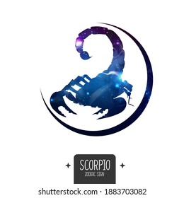 Tarjeta de brujería mágica moderna con signo de astrología Scorpio zodiac. Silueta de escorpión con espacio exterior dentro