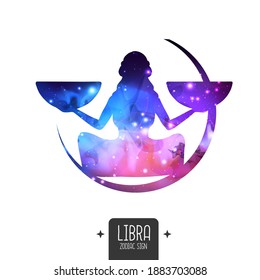 Tarjeta de brujería mágica moderna con signo de astrología Libra zodiac. Silueta de Libra con espacio exterior