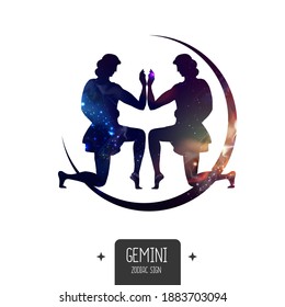 Modern magic witchcraft card with astrology Gemini zodiac sign. Gemini silhouette with outer space inside