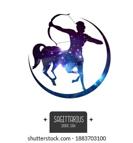 Modern magic witchcraft card with astrology Sagittarius zodiac sign. Sagittarius silhouette with outer space inside