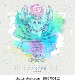 Tarjeta de brujería mágica moderna con astrología Cáncer signo de zodiaco sobre fondo de acuarela artístico. Ilustración realista a mano de la langosta.