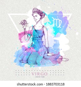 Modern magic witchcraft card with astrology Virgo zodiac sign on artistic watercolor background. Realistic hand drawing woman head.