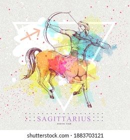 Tarjeta de brujería mágica moderna con signo astrológico Sagittarius zodiac sobre fondo de acuarela artístico. Centaur de dibujo manual realista con Bow y flecha.