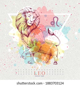 Modern magic witchcraft card with astrology Leo zodiac sign on artistic watercolor background. Realistic hand drawing lion