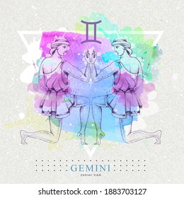 Modern magic witchcraft card with astrology Gemini zodiac sign on artistic watercolor background. Realistic hand drawing men figure illustration.