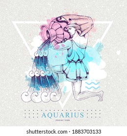 Modern magic witchcraft card with astrology Aquarius zodiac sign on artistic watercolor background. Realistic hand drawing men with water jug illustration.