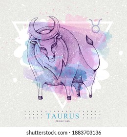 Modern magic witchcraft card with astrology Taurus zodiac sign on artistic watercolor background. Realistic hand drawing bull