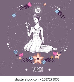 Tarjeta de brujería mágica moderna con signo de astrología Virgo zodiac.