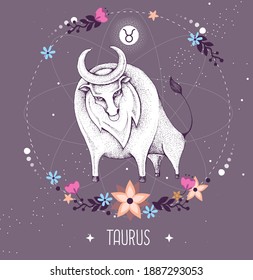 Modern magic witchcraft card with astrology Taurus zodiac sign. Zodiac characteristic