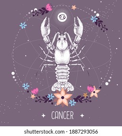 Modern magic witchcraft card with astrology Cancer zodiac sign. Zodiac characteristic