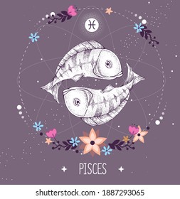 Modern magic witchcraft card with astrology Pisces zodiac sign. Zodiac characteristic