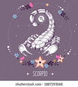 Modern magic witchcraft card with astrology Scorpio zodiac sign.