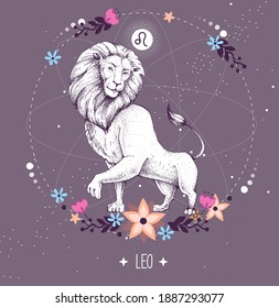 Modern magic witchcraft card with astrology Leo zodiac sign. Zodiac characteristic