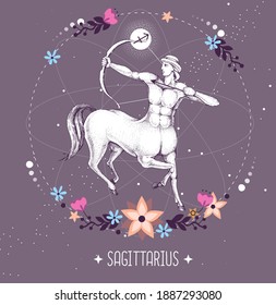 Modern magic witchcraft card with astrology Sagittarius zodiac sign. Realistic hand drawing centaur with Bow and arrow.