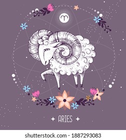 Modern magic witchcraft card with astrology Aries zodiac sign.