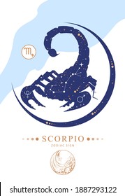 Modern magic witchcraft card with astrology Scorpio zodiac sign. Zodiac characteristic