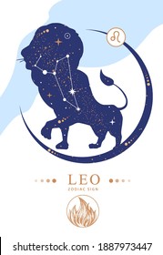 Modern magic witchcraft card with astrology Leo zodiac sign. Zodiac characteristic