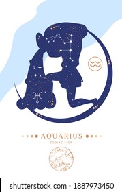 Modern magic witchcraft card with astrology Aquarius zodiac sign. Zodiac characteristic