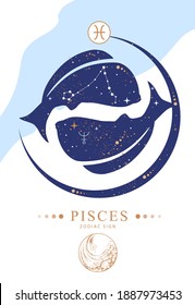 Modern magic witchcraft card with astrology Pisces zodiac sign. Zodiac characteristic