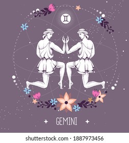 Tarjeta de brujería mágica moderna con signo de astrología Gemini zodiac.