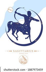 Tarjeta de brujería mágica moderna con signo de astrología Sagittarius zodiac.  Silhouette de centaur con Bow y flecha. Característica del zodiaco