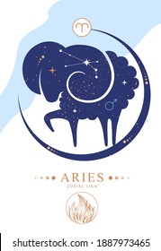 Modern magic witchcraft card with astrology Aries zodiac sign. Zodiac characteristic