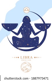 Tarjeta de brujería mágica moderna con signo de astrología Libra zodiac. Mujer con silueta de escamas. Característica del zodiaco