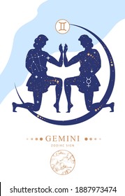 Modern magic witchcraft card with astrology Gemini zodiac sign. Zodiac characteristic