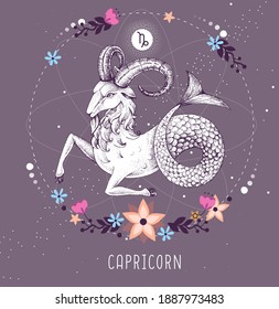 Modern magic witchcraft card with astrology Capricorn zodiac sign.