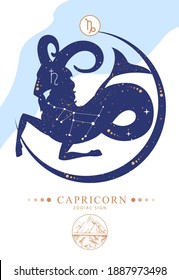 Tarjeta de brujería mágica moderna con signo de astrología Capricorn zodiac. Característica del zodiaco