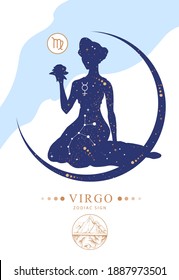 Tarjeta de brujería mágica moderna con signo de astrología Virgo zodiac. Característica del zodiaco