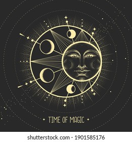 Modern magic witchcraft card with astrology sun and moon sign with human face. Day and nignt.